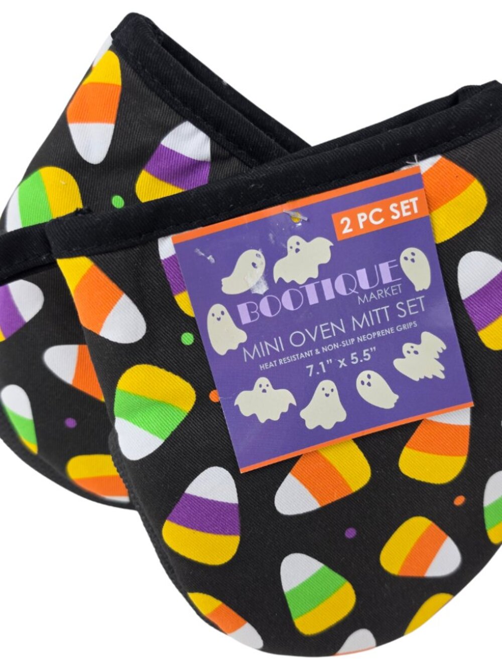 New Bootique Market Candy Corn Mini Oven Mitt Set Halloween Neoprene Grips Mitts